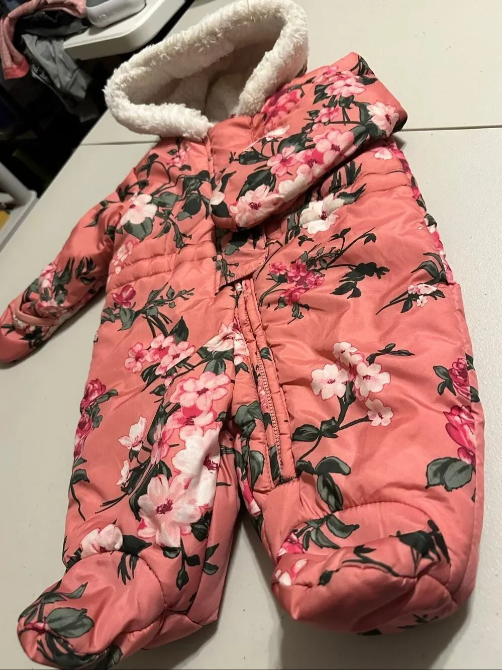The Children's Place Baby Girl Pink Floral Infant Insulated Snowsuit 0-3 Months